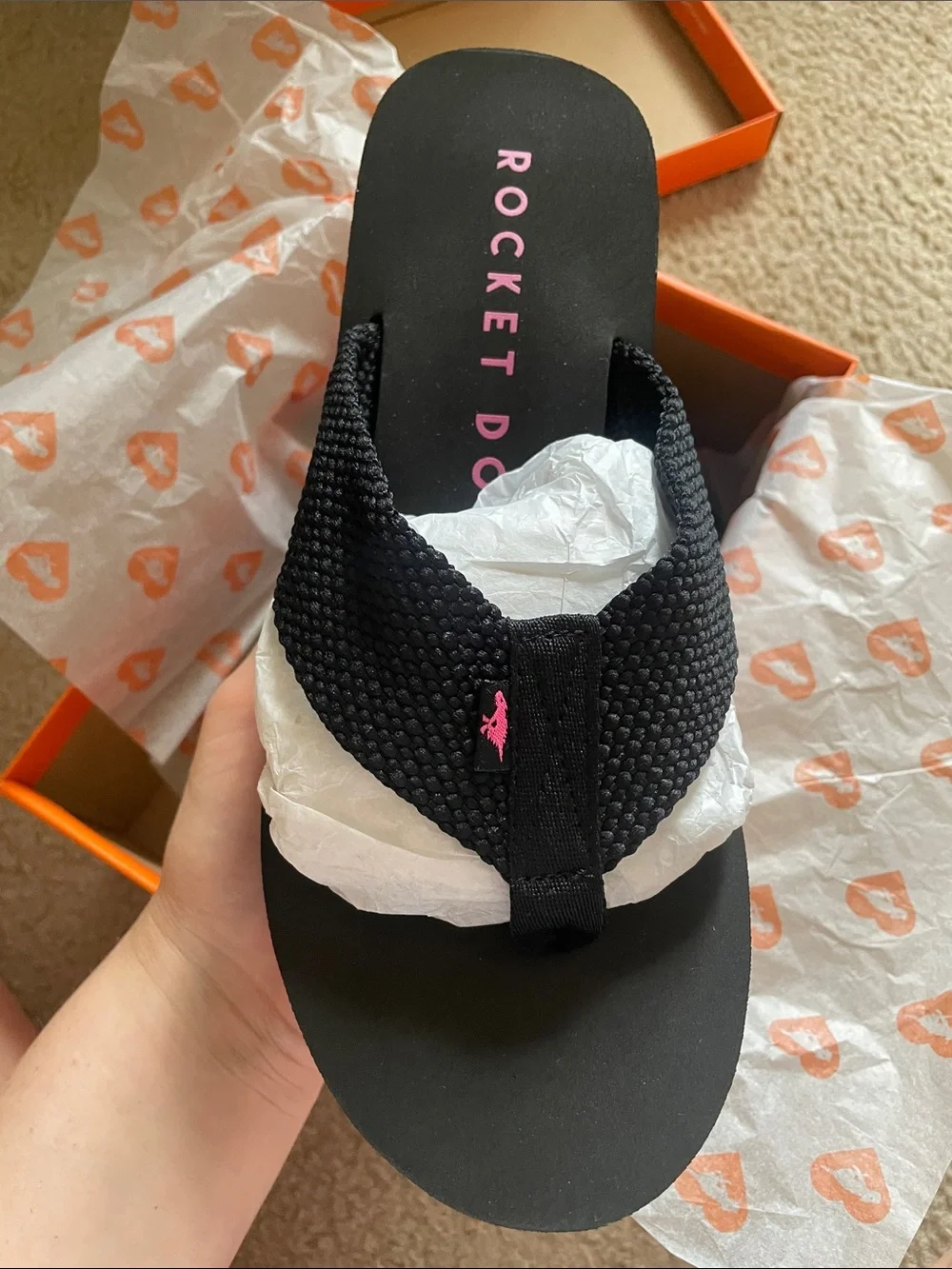 Rocket Dog Black Wedge Diver Flip Flops with Pink Logo